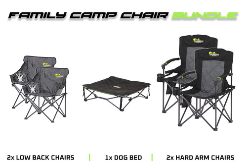 Family Camp Chair Bundle | 2x Hard Arm Chairs | 2x Low Back Chairs | 1x Dog Bed