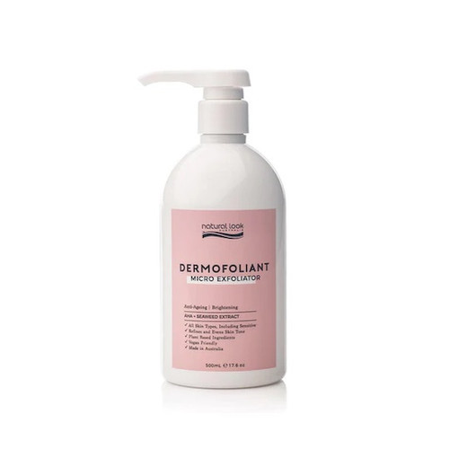 Natural Look Australia Dermofoliant Micro Exfoliant 500ml professional facial exfoliator Gold Coast Brisbane Australia Wide, Beauty therapist applying micro exfoliant during facial treatment, Professional skin refinement product for salons and clinics, Natural Look Australia Dermofoliant skincare product packaging, Profile Salon Supplies professional exfoliation range