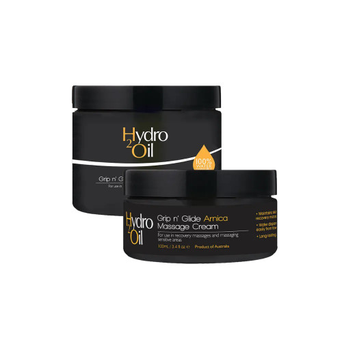 Hydro 2 Oil Grip n Glide massage cream range professional treatment products Gold Coast Brisbane Australia Wide, Grip n Glide Original massage cream for remedial massage, Hydro 2 Sport massage cream warming recovery formula, Hydro 2 Arnica massage cream for sensitive recovery treatments, Professional massage cream range for therapists and clinics, Profile Salon Supplies Hydro 2 Grip n Glide packaging Gold Coast Brisbane Australia Wide