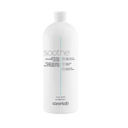 Caronlab after wax soothing lotion tea tree 1L professional salon waxing aftercare Gold Coast Brisbane Australia Wide, Close-up of post wax lotion used in salon waxing treatment station, Beauty therapist applying tea tree soothing lotion after waxing service, Large 1L waxing aftercare bottle for professional salon use, Profile Salon Supplies Caronlab lotion packaging Gold Coast Brisbane Australia Wide