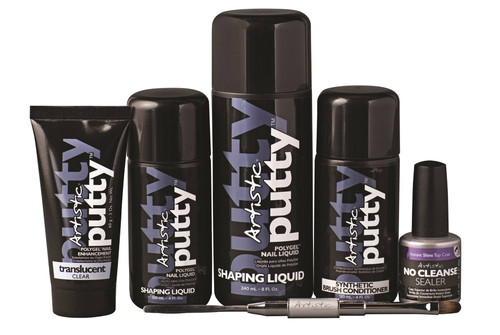 Artistic Nail Design Putty Polygel Nail Enhancement Range professional nail system Gold Coast Brisbane Australia Wide, Monomer free polygel for sculpting and extensions, Nail technician using Artistic Putty for lightweight enhancements, Artistic Putty Intro Kit with shaping liquid and tools, Professional polygel nail products for salons