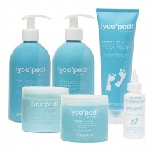Lyco’pedi by Lycon professional pedi kit complete salon pedicure system Gold Coast Brisbane Australia Wide, Close-up of full pedicure kit products including scrub lotion and mask system, Beauty therapist performing spa pedicure using Lyco’pedi professional kit, Salon foot care treatment system for exfoliation hydration and callus removal, Profile Salon Supplies Lyco’pedi professional pedi kit packaging Gold Coast Brisbane Australia Wide