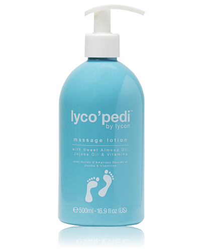 Lyco’pedi by Lycon pedicure massage lotion professional spa treatment Gold Coast Brisbane Australia Wide, Close-up of massage lotion applied during salon pedicure foot treatment, Beauty therapist performing foot massage using professional pedicure lotion, Spa pedicure treatment with hydrating massage lotion for feet, Profile Salon Supplies Lyco’pedi massage lotion packaging Gold Coast Brisbane Australia Wide