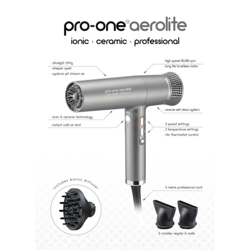 Pro-One Aerolite hairdryer 110000RPM professional salon dryer Gold Coast Brisbane Australia Wide, Lightweight ionic ceramic hair dryer with diffuser and nozzles, Hairdresser using Pro-One Aerolite professional blow dryer in salon, Ultralight brushless motor hairdryer for professional styling, Profile Salon Supplies Pro-One Aerolite hairdryer range Gold Coast Brisbane Australia Wide