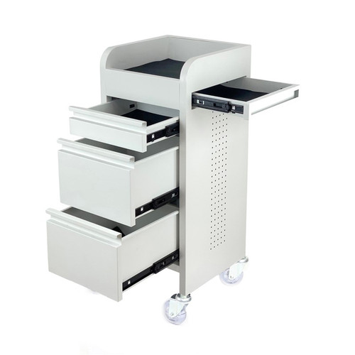 joiken fusion 4 drawer hairdressing trolley white for salon storage and organisation, salon trolley with steel frame and castor wheels for easy movement, professional hairdressing trolley with slide out top tray and drawers, salon furniture storage trolley for tools and colour products, modern white salon trolley for hair and beauty professionals