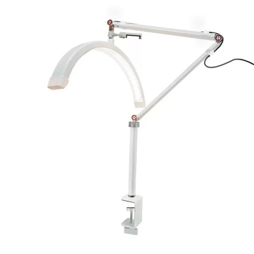 adjustable half moon led beauty light for lash brow nail and waxing treatments, professional salon lamp with 320 leds and shadow free lighting, beauty technician using adjustable led lamp for precision work, foldable half moon beauty light for salon and mobile use, table clamp led beauty lamp for lash and brow services