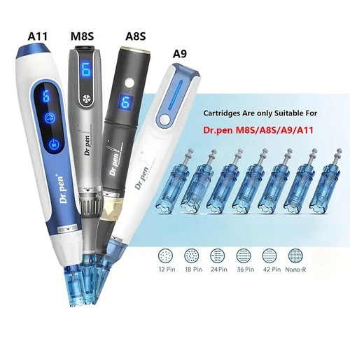 Sterile Dr Pen microneedling cartridge range including 12-pin, 16-pin, 36-pin and nano tips for professional skin needling treatments in salon settings.