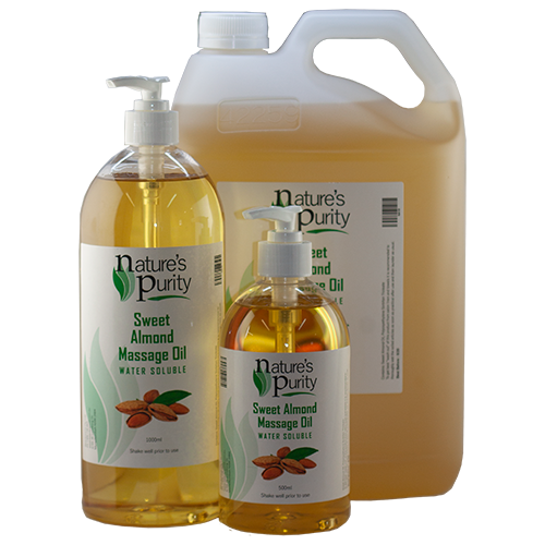 Natures Purity water soluble sweet almond oil for professional massage and spa use, Lightweight massage oil with easy rinse water soluble formula, Non comedogenic sweet almond oil for sensitive skin massage treatments, Professional carrier oil for aromatherapy and body massage applications, Natures Purity massage oil packaging for salon and spa environments