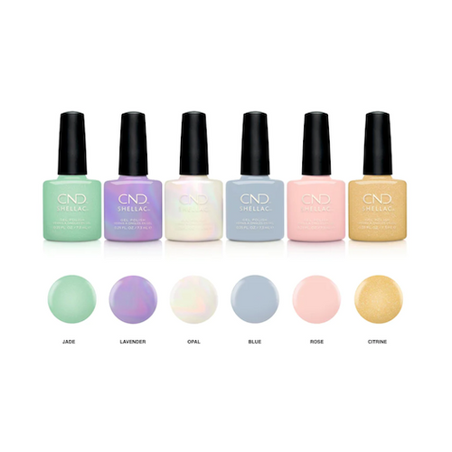 CND Shellac and Vinylux Shade Sense limited edition spring nail collection featuring pastel gemstone inspired colours and soft shimmer finishes