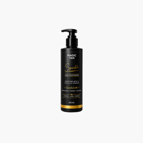 Black Magic Tan Sparkle Body Moisturiser 250ml professional tanning product Gold Coast Brisbane Australia Wide, Shimmer body moisturiser with SPF 15 for tanned skin, Beauty therapist applying sparkling body moisturiser to enhance a professional tan, Radiant shimmer tanning aftercare with Cucumber Aloe Vera Green Tea and Vitamin E, Profile Salon Supplies Black Magic Tan Sparkle