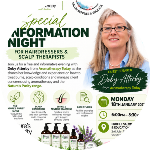 Free Hairdresser and Scalp Therapist Education Night at Profile Salon Supplies and Education Gold Coast featuring Deby Atterby and Nature's Purity