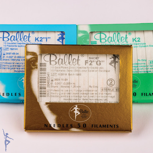 Ballet Electrolysis Needle Range 24ct Gold Stainless Steel and Insulated Australia, Ballet 24ct Gold electrolysis needle for sensitive skin, Ballet Stainless Steel professional electrolysis needle, Ballet Insulated electrolysis probe for professional treatments, House of Camille Ballet sterile disposable electrolysis needles, Professional electrolysis needles Gold Coast Brisbane Australia Wide, Ballet permanent hair removal probes Profile Salon Supplies