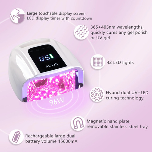 ACOS PRO Rechargeable UV LED Nail Lamp 96W, ACOS 96W professional cordless nail lamp with 42 LEDs, ACOS rechargeable gel nail lamp 15600mAh battery, Professional UV LED nail curing lamp with removable pedicure base, White ACOS PRO professional nail lamp Australia, Rechargeable nail lamp Gold Coast Brisbane Australia Wide, Profile Salon Supplies ACOS professional nail equipment
