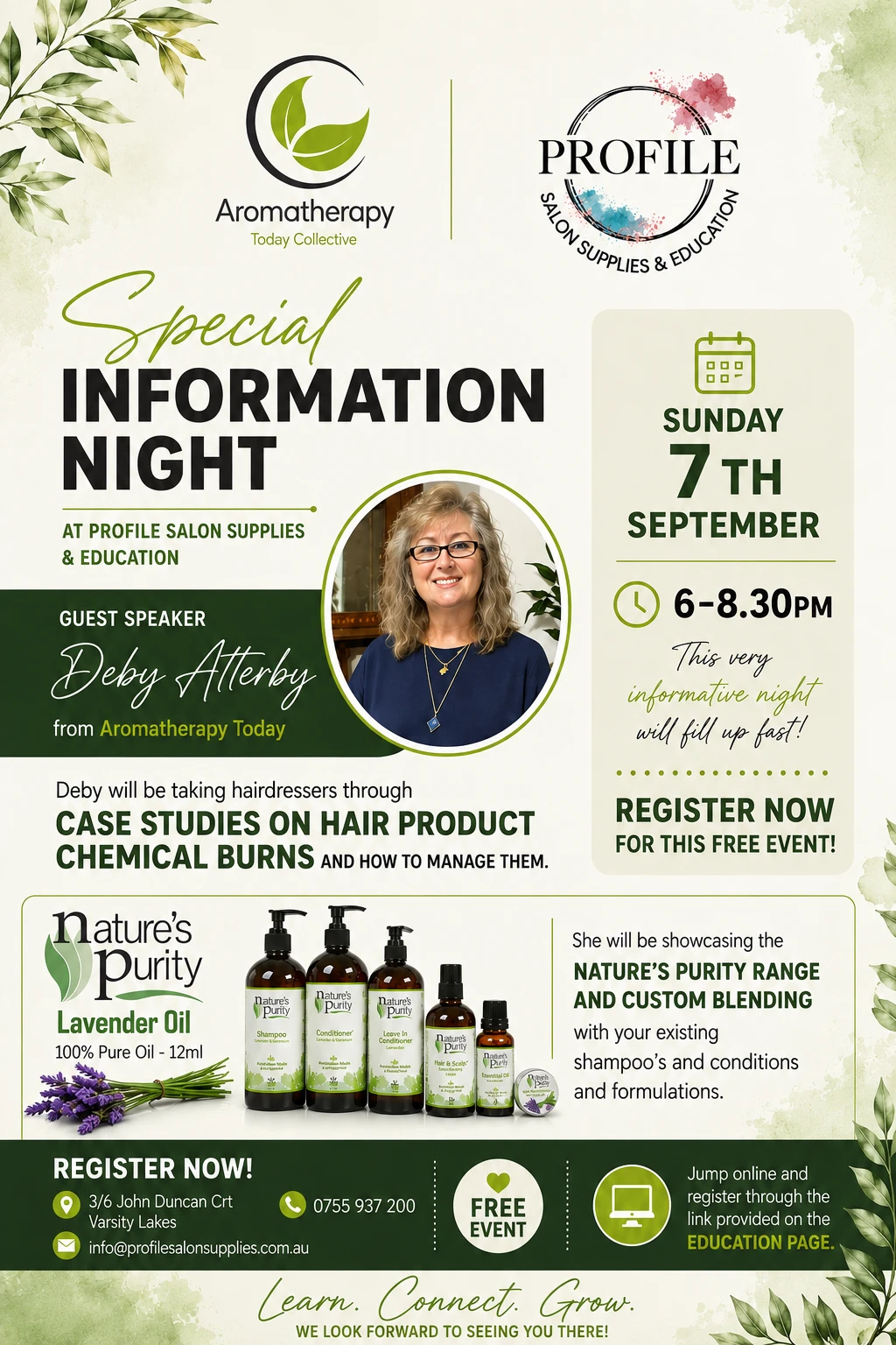 Free hairdresser education night on the Gold Coast with Deby Atterby. Learn about hair product chemical burns, case studies, Nature’s Purity & custom blending.