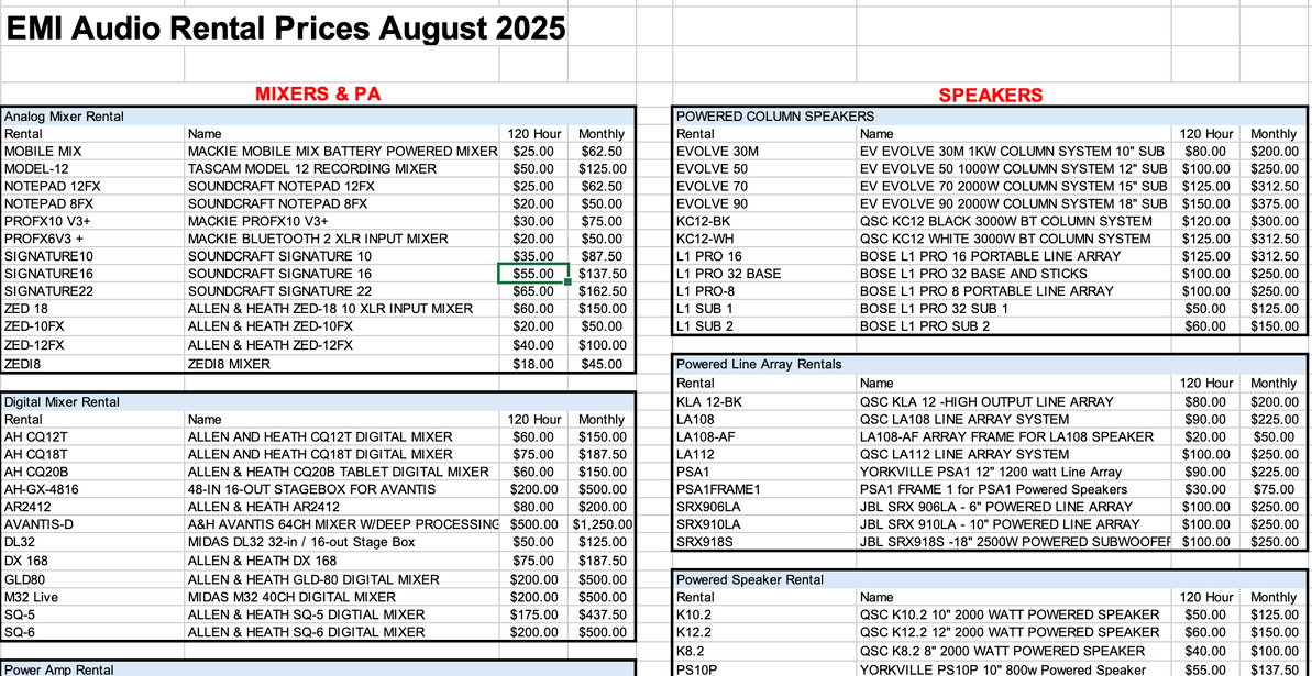 Rental Price sheet for 2025.  Call to reserve your gear today!