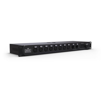 CHAUVET PRO NET-X II Rack-Mountable Ethernet-to-DMX Node + Merger for Two Controllers on Ethernet or DMX Inputs front/left view of all inputs/outputs