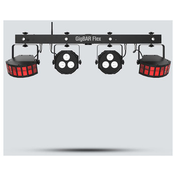 CHAUVET Gig Bar Flex 3-in-1 Pack-n-Go lighting system with a pair of LED Derbys, LED Quad-color pars (RGB + UV) and strobes front view with 2 rectangle red lights and 2 square white lights all on 1 bar