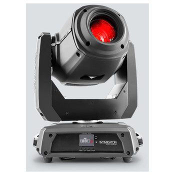 CHAUVET Intimidator Spot 375Z IRC 150 W LED moving head spot front/left view with red light shining upwards and logo on front of base