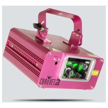 CHAUVET Scorpion Dual dual FAT BEAM aerial effect laser pink front/left view with green light shining from front