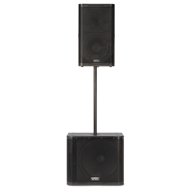 QSC KW122 12 inch two way 1000W 75deg axisymmetric active speaker on pole with subwoofer. EMI Audio