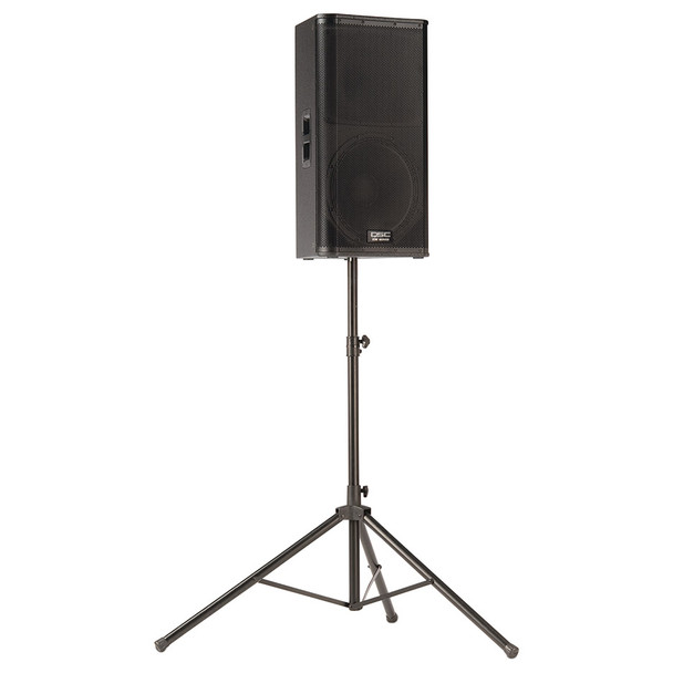 QSC KW152 15 inch two way 1000W 60 deg axisymmetric active speaker mounted on stand. EMI Audio