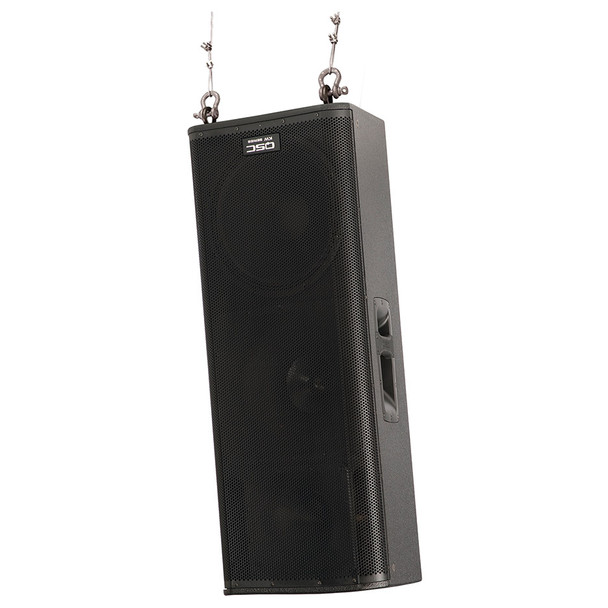 QSC KW153 15 inch three way 1000W active loudspeaker with 6.5 inch horn loaded midrange rigged verticle. EMI Audio