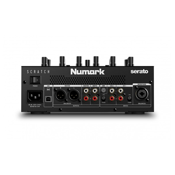 Numark SCRATCH Rear of unit with combo XLR jack, 2x RCA inputs, 2x RCA master and booth out, XLR master outputs, and USB jack