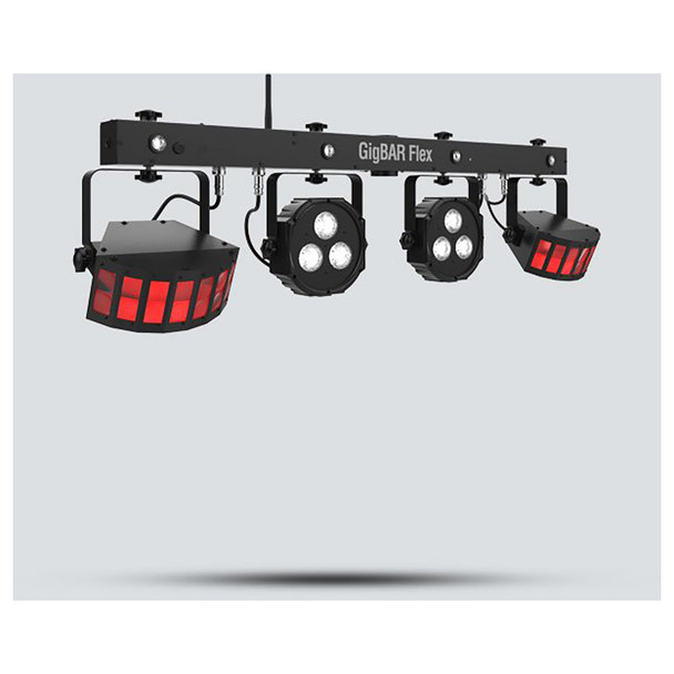 CHAUVET Gig Bar Flex 3-in-1 Pack-n-Go lighting system with a pair of LED Derbys, LED Quad-color pars (RGB + UV) and strobes front/left view with 2 rectangle red lights and 2 square white lights all on 1 bar