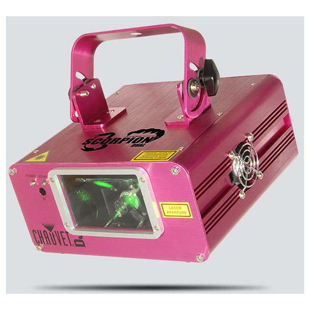 CHAUVET Scorpion Dual dual FAT BEAM aerial effect laser pink front/right view with green light shining from front