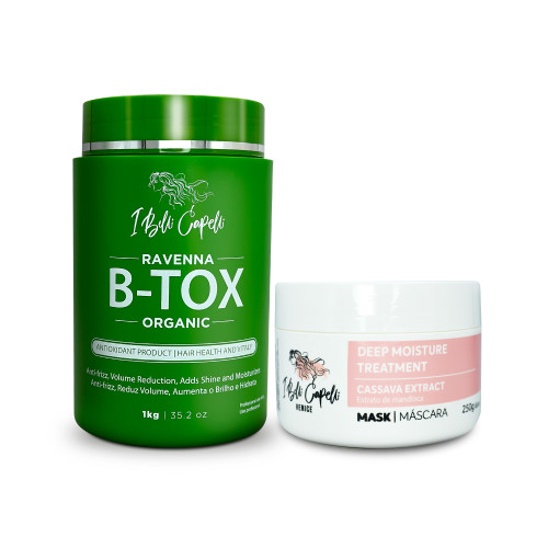 Kit I Belli Capelli Ravenna B-tox Organic 1Kg/35.2 oz and Venice Cassava Extract Mask 250g/8.81 oz Complete Treatment Kit I Belli Capelli Ravenna B-tox Organic 1Kg/35.2 oz and Venice Cassava Extract Mask 250g/8.81 oz Complete Treatment
