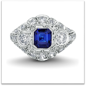 Edwardian platinum ring with a superb Asscher cut sapphire