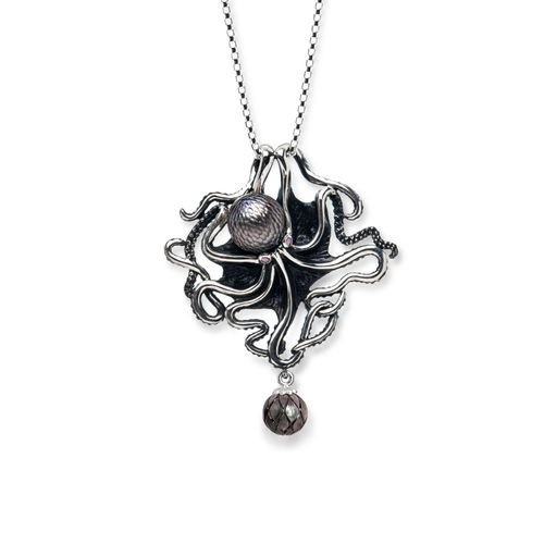 Sterling Silver, Two Carved Tahitian Pearl & Ruby Octopus Necklace