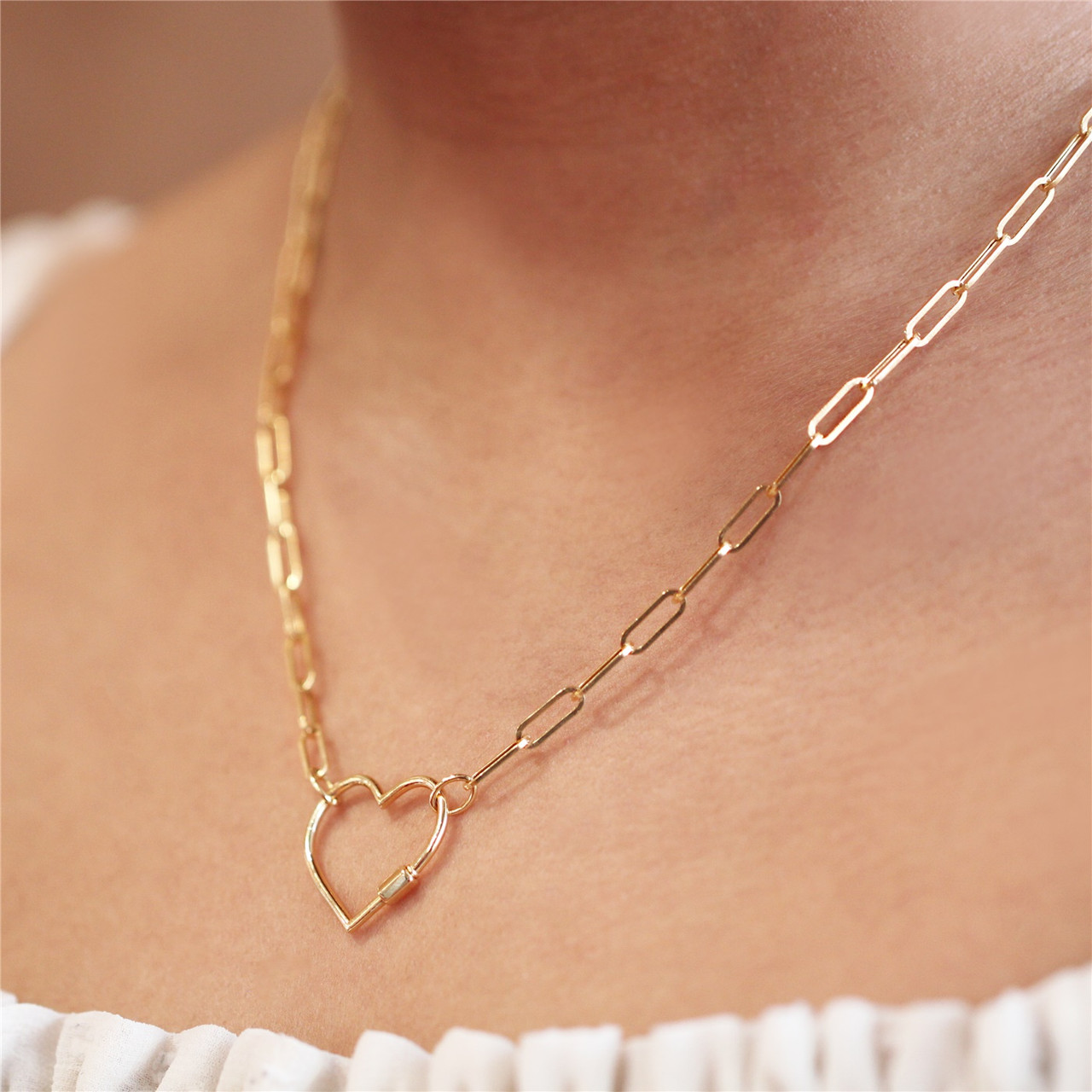 Big Heart with Paperclip Chain Necklace Heart White