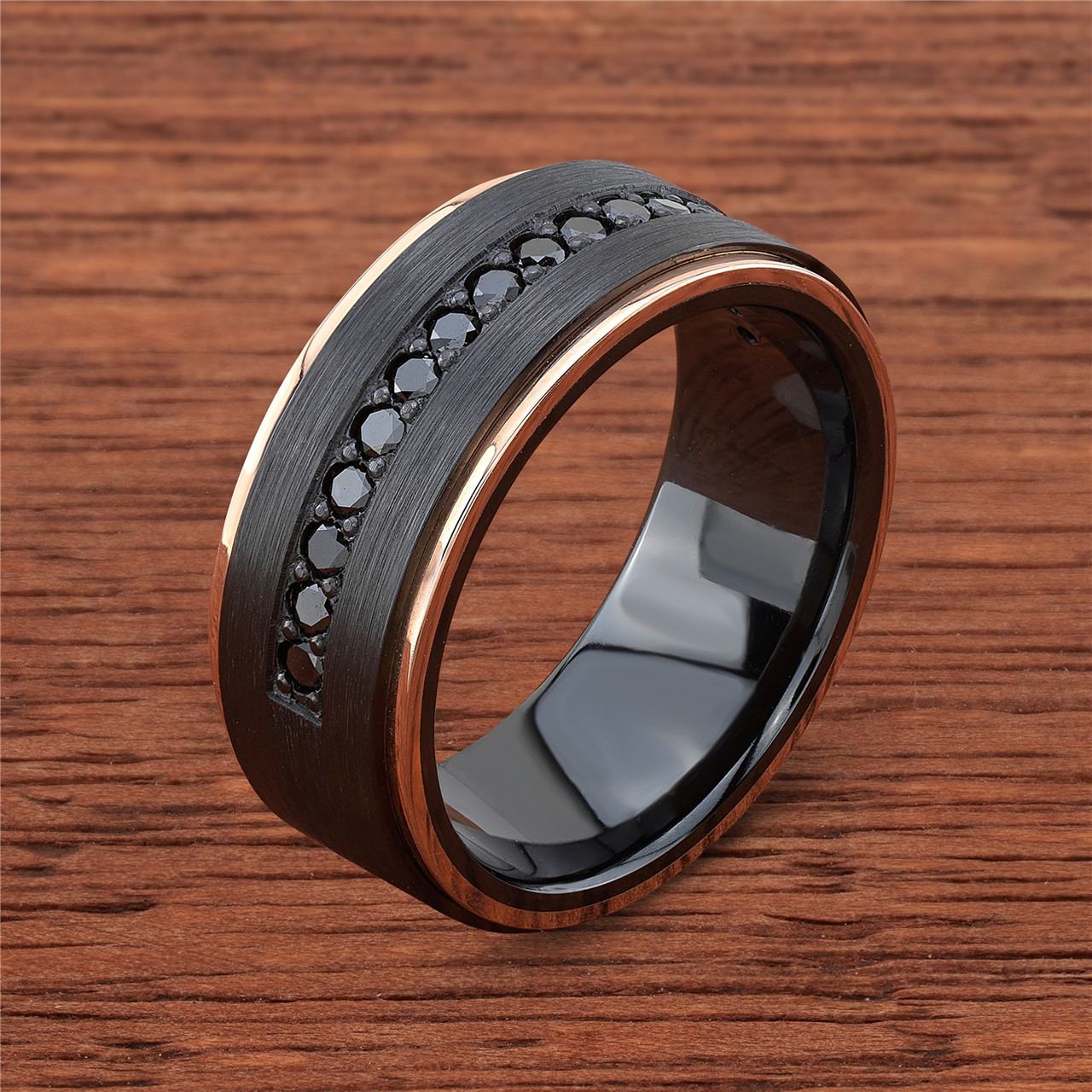 Black Zirconium, 14k Rose Gold and Black Diamond Wedding Band by