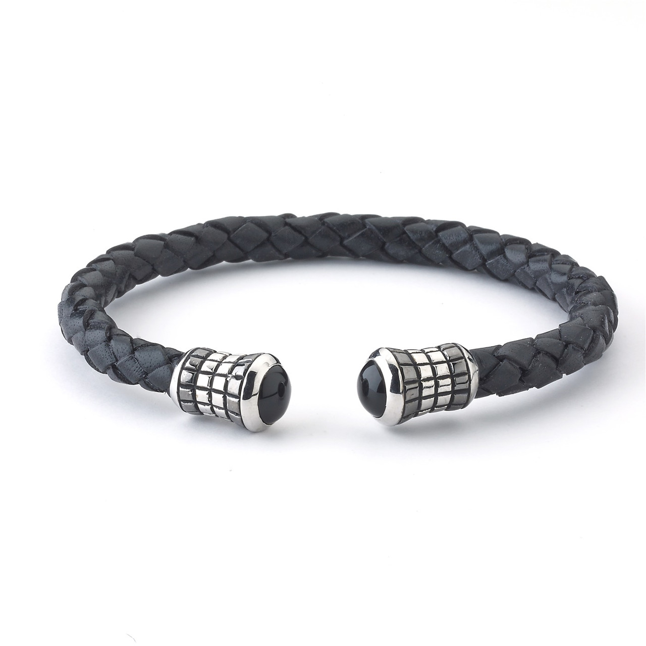Sterling Silver, Black Onyx & Leather Bracelet
