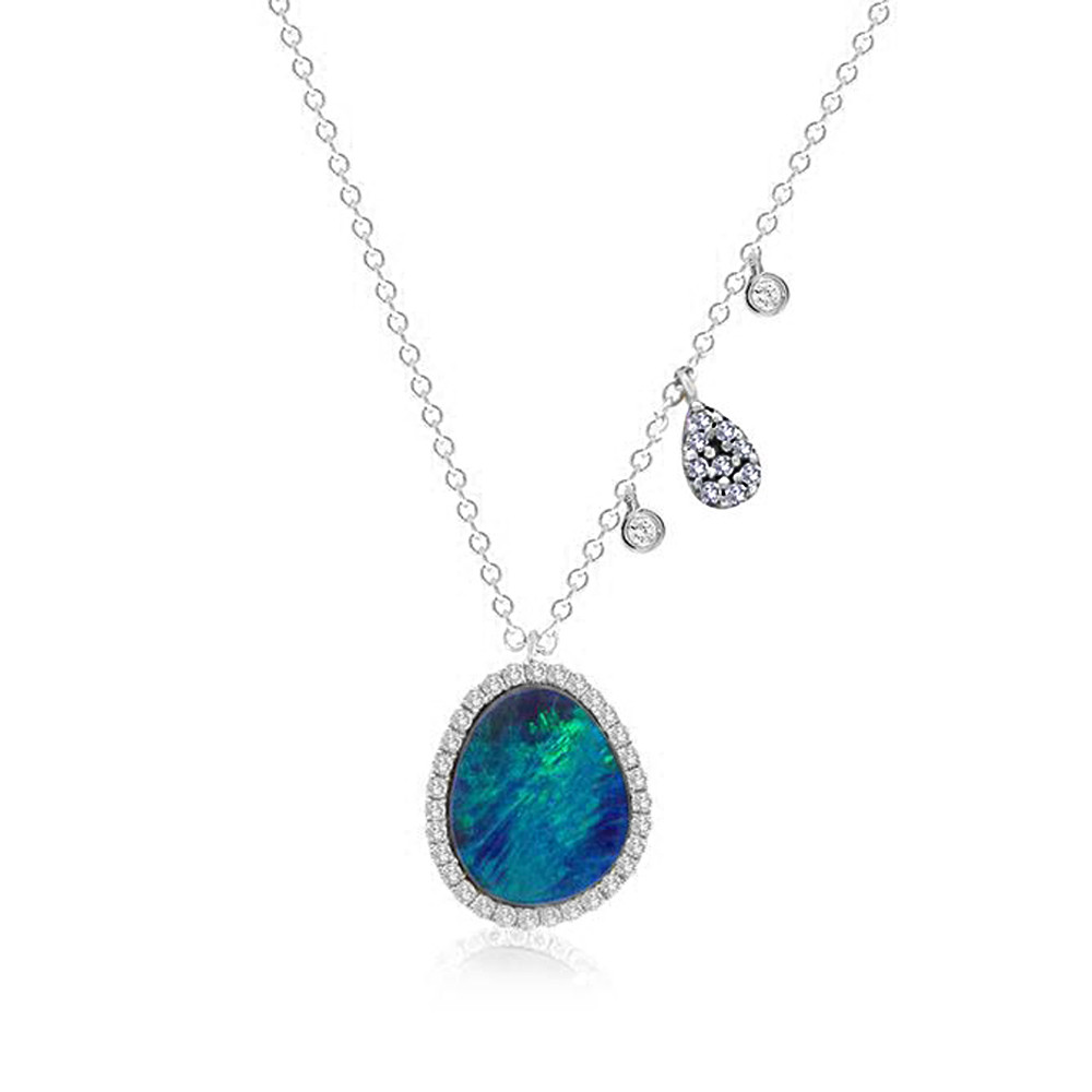 14k White Gold, Diamond \u0026 Opal Necklace 