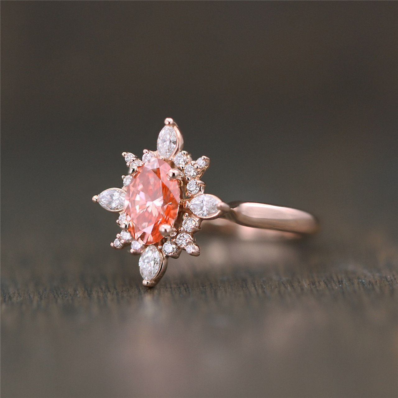 Oval Shaped Lab Grown Pink Diamond Engagement Ring. A celestial