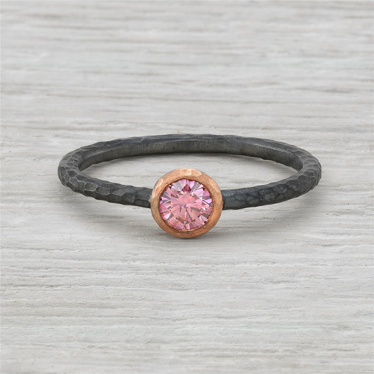 Oxidized Sterling Silver and 14K Rose Gold Pink Diamond Ring