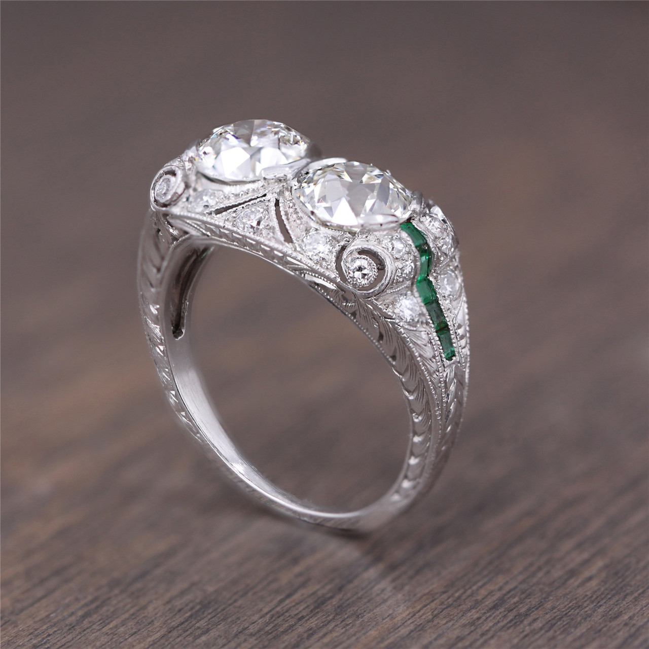 1920s Platinum and Diamond Toi Et Moi Ring (with Emeralds)