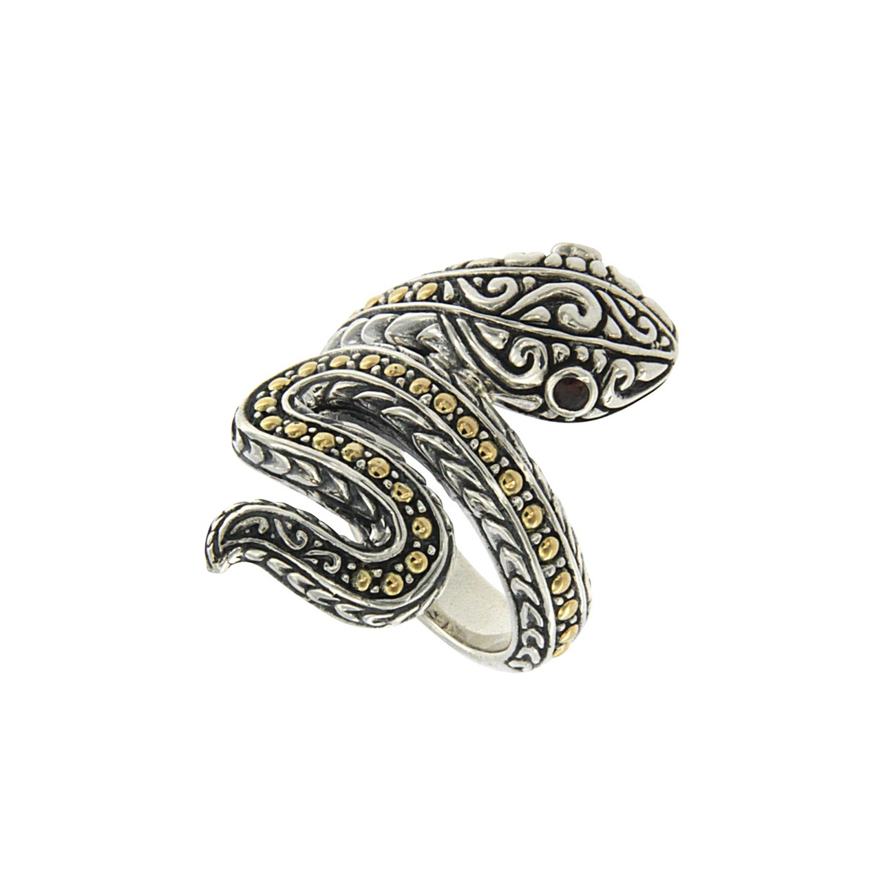 Sterling Silver, 18k Yellow Gold and Garnet Snake Ring by Samuel B