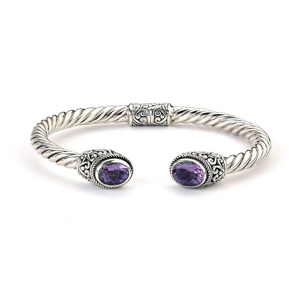 Sterling Silver Bangle Bracelet with Amethyst or, Blue Topaz or