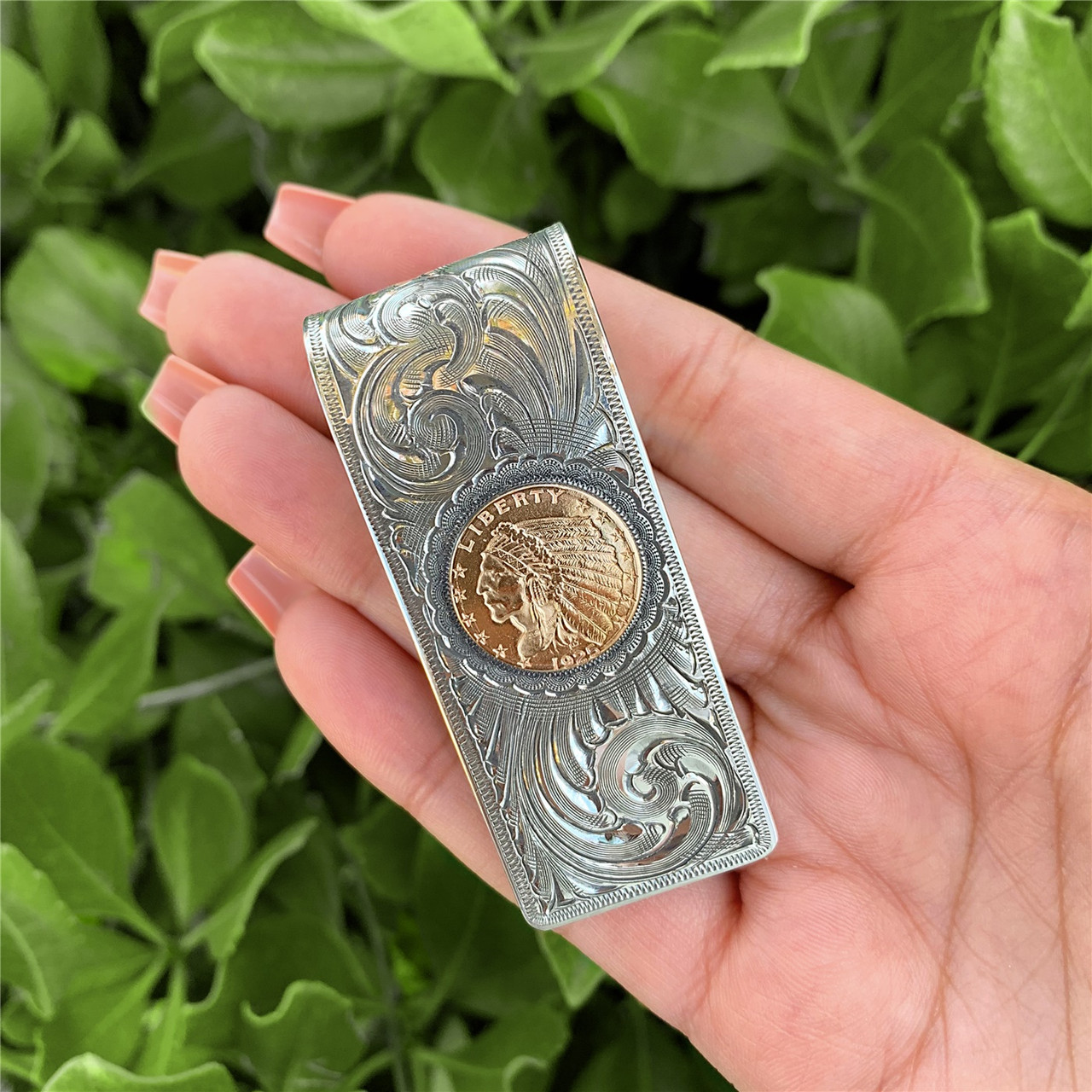 Sterling Silver Hand Engraved Money Clip with Genuine 1920's $2.50 Gold  Indian Head Coin