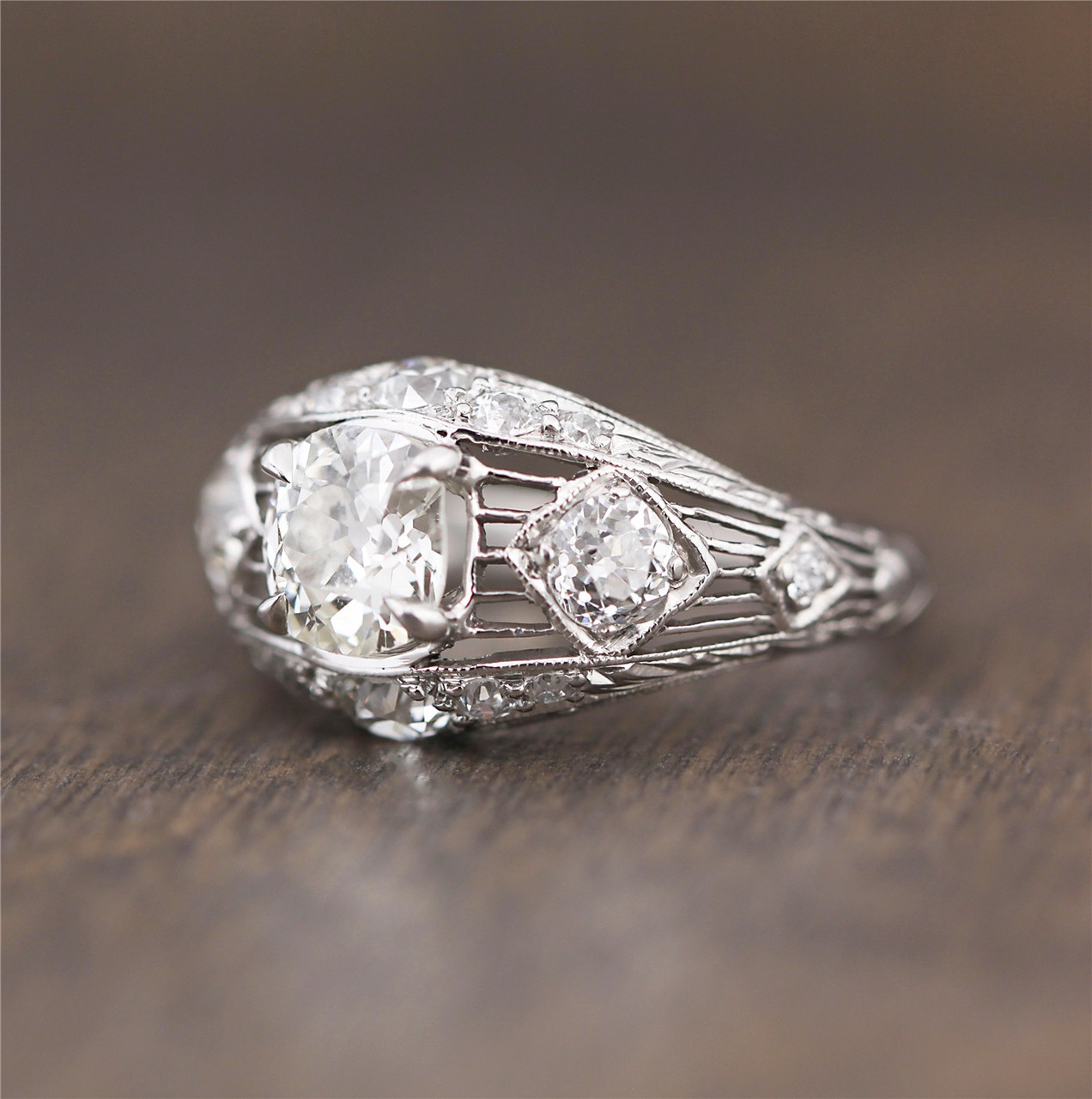 Old Mine Cut Diamond 1920's Antique Engagement Ring Filigree