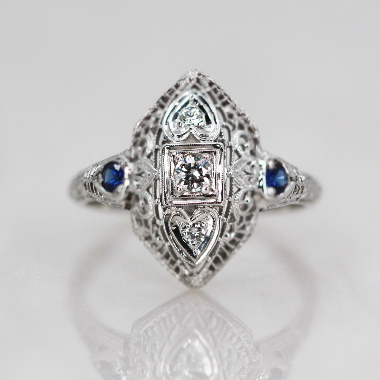 1920s Vintage Platinum Filigree Diamond and Sapphire Ring, in perfect ...