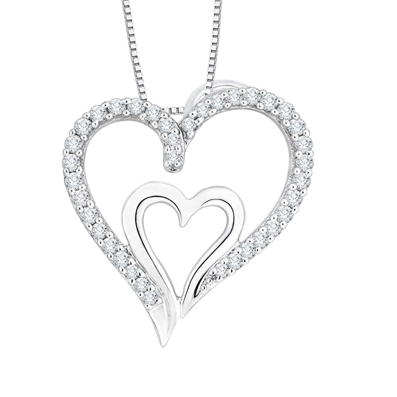 10kt White Gold and Diamond Double Heart Necklace 1/5ctw