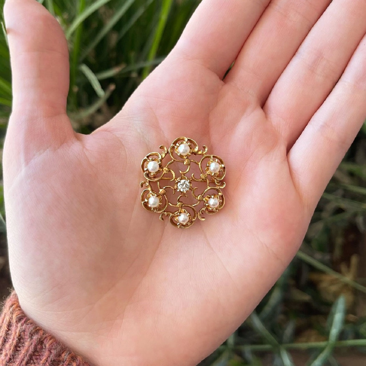 Vintage 14K Gold, Diamond, and Pearl Brooch / Pin