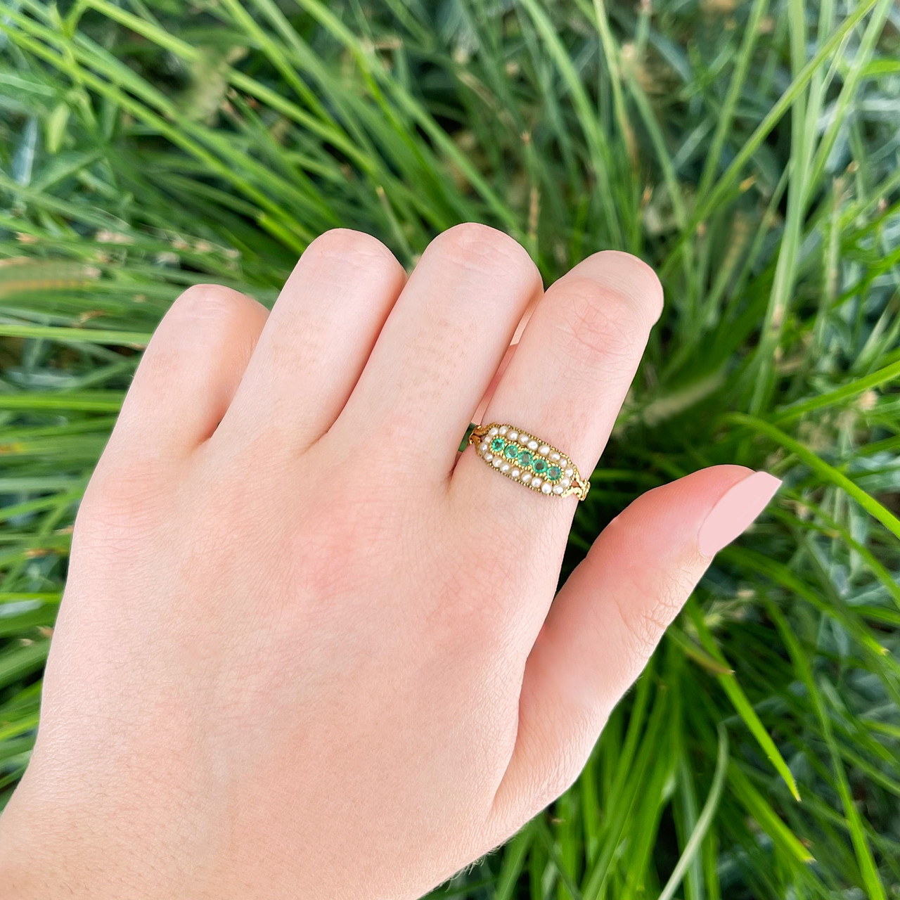 Antique Emerald & Seed Pearl Ring crafted in 15k Gold. Circa 1800s