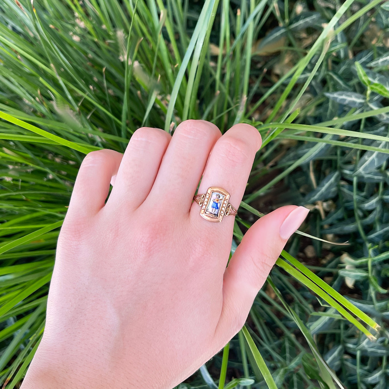 Antique 14K HandPainted Cartouche & seed Pearl Ring