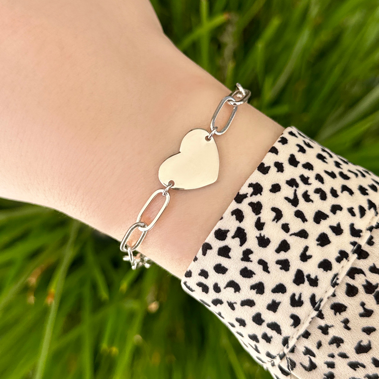 Sterling Silver Polished Heart Paperclip Bracelet