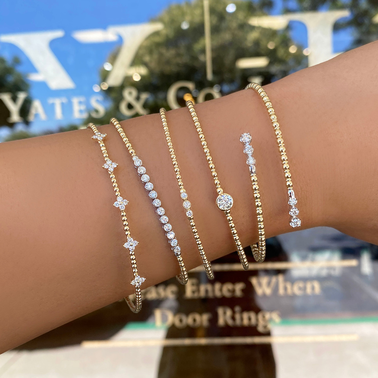 14K Yellow Gold .42ctw Diamond Station Beaded Flex Bangle